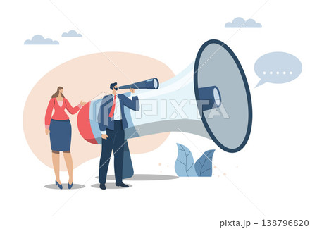 Important announcements, advertisements from company to make organization, or important target groups aware. Businessman and woman with binoculars, megaphone find the target audience to announce. Important announcements, advertisements from company to make organization, or important target groups aware. Businessman and woman with binoculars, megaphone find the target audience to announce. 138796820