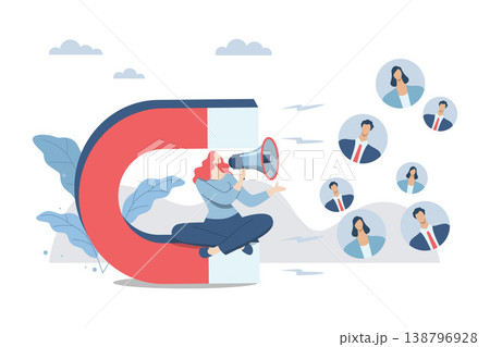 Communication with customers, Important message, Business marketing materials with campaign that attracts customers, Businessman advertising or announcement with megaphone and big magnet. Communication with customers, Important message, Business marketing materials with campaign that attracts customers, Businessman advertising or announcement with megaphone and big magnet. 138796928