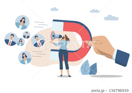 Communication or message, Marketing materials find new customers and campaigns that attract new customers, Businesswoman advertises or announces with a megaphone and a big hand holding a magnet. Communication or message, Marketing materials find new customers and campaigns that attract new customers, Businesswoman advertises or announces with a megaphone and a big hand holding a magnet. 138796930