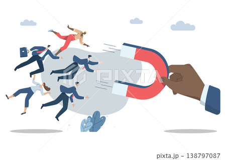 Attracting personnel or talented employees or leadership, Finding group of people with diverse specialties, Big hands use magnets to attract new employees. Vector design illustration. 138797087