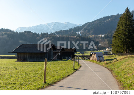Curving rural path through meadow with barns and alpine foothills 138797095