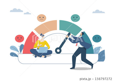 Measuring customer satisfaction scores with emotion icons, Performance ratings or user recommendations, Business men and women are pushing forward improving to make rating to be excellent. Measuring customer satisfaction scores with emotion icons, Performance ratings or user recommendations, Business men and women are pushing forward improving to make rating to be excellent. 138797272