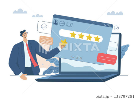 Evaluating in the best credit ratings and customer satisfaction, Performance ratings or user recommendations, Businessman checking customer feedback report in laptop. Vector design illustration. 138797281