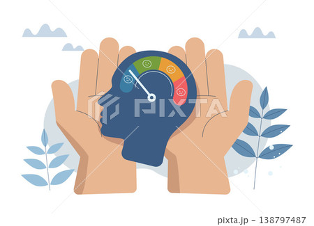 Problems with stress levels and work pressure, Tension management and emotional regulation, A big hand as leader or manager is holding the emotional level of the employees. Vecter design illustration. 138797487