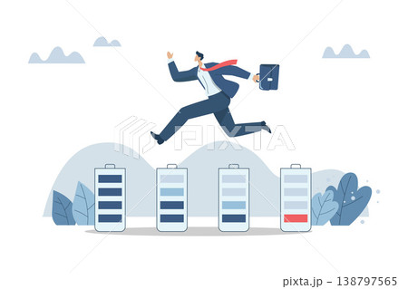 Dealing with fatigue and increasing employee freshness, Motivation or enthusiasm concept, Enthusiastic business people leapfrog battery fatigue into high energy levels. Vector design illustration. 138797565
