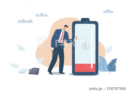 Fatigue from working too hard, Problems with boredom, Exhaustion that employees face, The businessman standing is very tired and weak with a large battery with low power. Fatigue from working too hard, Problems with boredom, Exhaustion that employees face, The businessman standing is very tired and weak with a large battery with low power. 138797568