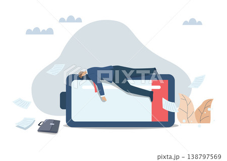 Fatigue from working too hard, Problems with boredom, Exhaustion that employees face, The businessman is lying down, very tired and weak on a large battery with low power. 138797569