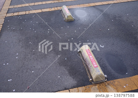 駐車場の車止めに散る花びら 駐車場の車止めに散る花びら 138797588