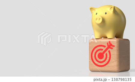 Golden Piggy Bank on Target Block Financial Goal Concept 3d render. 138798135