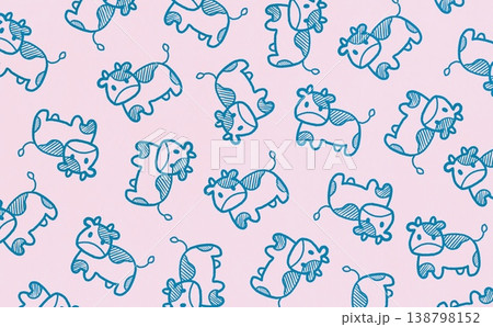 うしの線画のパターン(ライトブルー×ピンク) 138798152