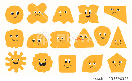 Geometric characters set blob shapes expressive comic smiling childish different cartoon faces art Geometric characters set blob shapes expressive comic smiling childish different cartoon faces art 138798338