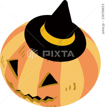 ハロウィンのかぼちゃのイラスト 魔女帽子をかぶったジャック・オー・ランタン  手描き　アイコン　飾り 138798653