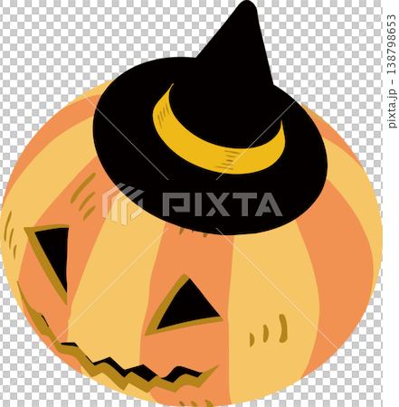 ハロウィンのかぼちゃのイラスト 魔女帽子をかぶったジャック・オー・ランタン  手描き　アイコン　飾り 138798653