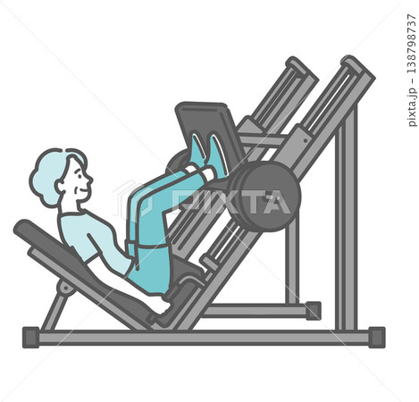 笑顔でレッグプレスマシンを使い下半身のトレーニングをしているシニア女性のイラスト 138798737