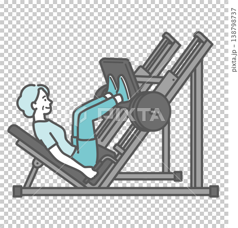 一幅插圖，描繪了一位面帶微笑的老年婦女正在使用腿部推蹬機鍛鍊下半身。 138798737