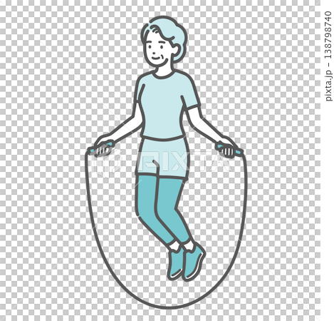 An illustration of a senior woman jumping rope with a smile. 138798740