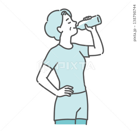 ペットボトルで笑顔で水分補給をしているシニア女性のイラスト ペットボトルで笑顔で水分補給をしているシニア女性のイラスト 138798744