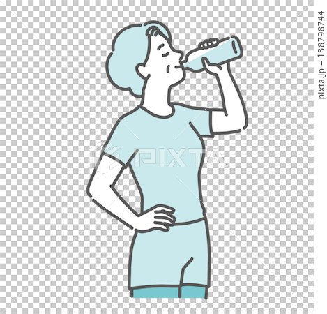 ペットボトルで笑顔で水分補給をしているシニア女性のイラスト ペットボトルで笑顔で水分補給をしているシニア女性のイラスト 138798744