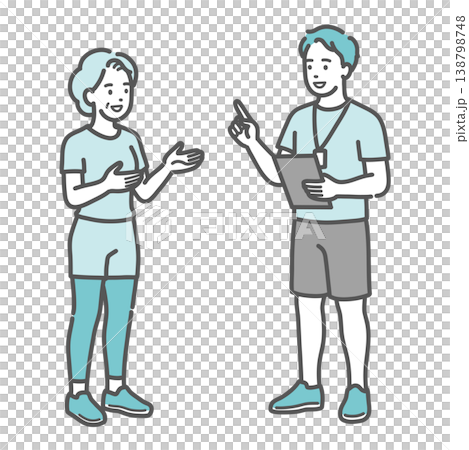 An illustration of a senior woman smiling and conversing with a young male sports trainer. An illustration of a senior woman smiling and conversing with a young male sports trainer. 138798748