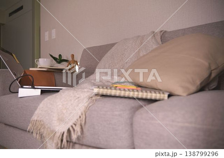 Cozy home office creating work setting on sofa Cozy home office creating work setting on sofa 138799296
