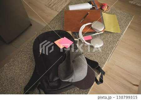Student's study area with backpack, headphones, and school supplies Student's study area with backpack, headphones, and school supplies 138799315