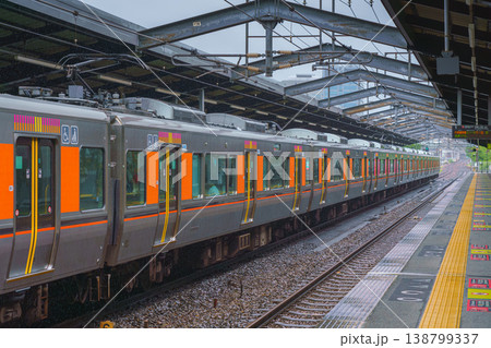 Osaka, Japan - Sep 22 2024, panoramic view of the railway station where the  electric train stands, there are no people on the platform, on a cloudy rainy day, Osaka, Japan 138799337