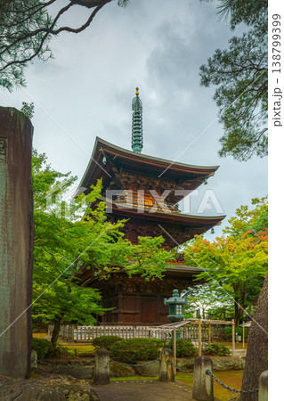 Tokyo, Japan - Sep 30 2024, vertical view of the pagoda surrounded by trees on the grounds of Gotokuji Temple, with cloudy sky, without people, at daytime, Tokyo, Japan Tokyo, Japan - Sep 30 2024, vertical view of the pagoda surrounded by trees on the grounds of Gotokuji Temple, with cloudy sky, without people, at daytime, Tokyo, Japan 138799399