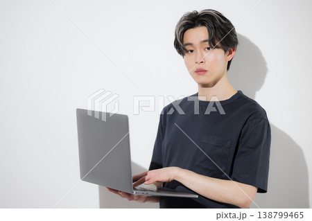 ノートパソコンで作業する若いフリーランスエンジニアやデザイナーなどの白背景カメラ目線 138799465