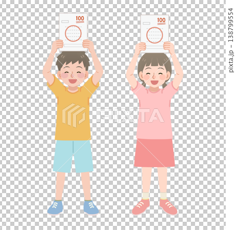 An illustration of an elementary school student who is happy to have gotten a perfect score on a test. 138799554