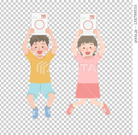 一幅插圖，描繪了一名小學生在考試中獲得滿分後高興的情景。 138799555