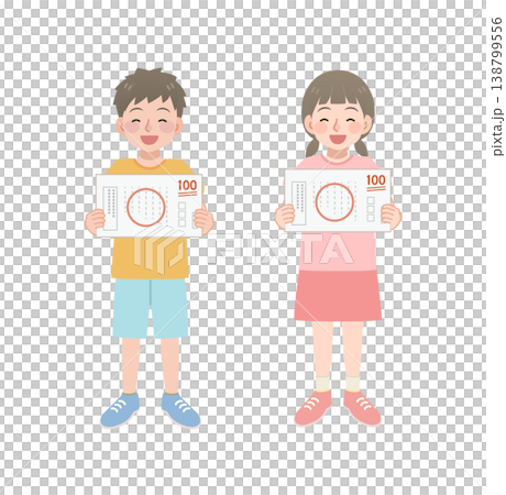 An illustration of an elementary school student who is happy to have gotten a perfect score on a test. 138799556
