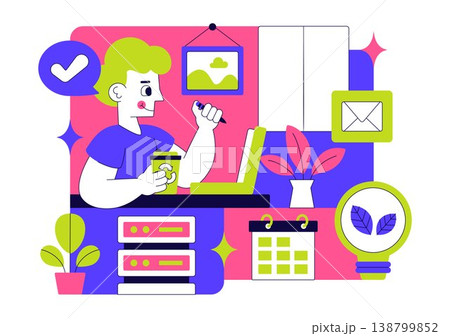 Eco Friendly Startup Office Illustration With Green Workspace Plants, Sustainable Business Interior, and Modern Creative Work Environment Design 138799852