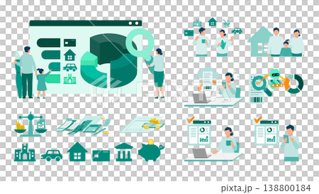 A set of illustrations for household budget management, depicting men and women considering life plans and simulating education fund planning. 138800184