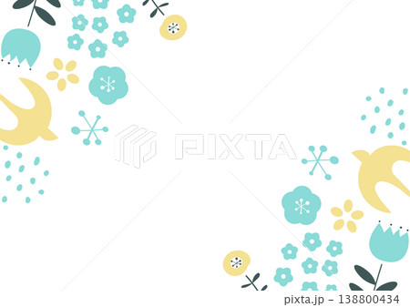 北欧風の花と木と鳥のフレーム装飾イラストセット 138800434