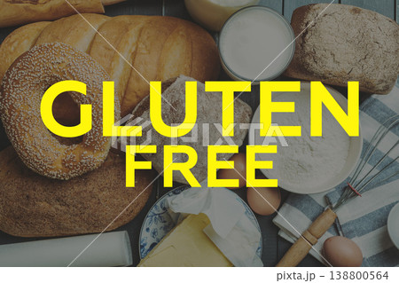 Gluten free ingredients with bread and cooking items on a wooden table Gluten free ingredients with bread and cooking items on a wooden table 138800564