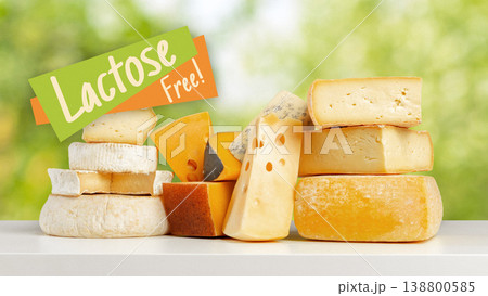 Variety of lactose free cheeses displayed on a table in natural light outdoors 138800585