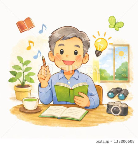 高齢男性 シニア 学習 趣味 読書 勉強 笑顔 机 イラスト 生涯学習 社会教育 高齢男性 シニア 学習 趣味 読書 勉強 笑顔 机 イラスト 生涯学習 社会教育 138800609