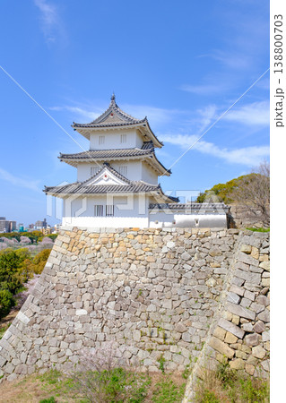 晴天下の明石城の石垣と櫓と明石市内 138800703