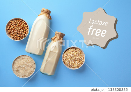Lactose free options include milk and grain products on a blue surface 138800886