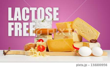 Different types of lactose and gluten free cheese on a wooden board 138800956
