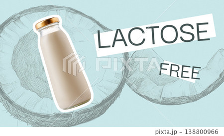 Lactose free drink shown with coconut background and clear text overlay in a simple scene 138800966