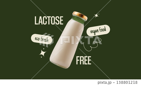 Lactose free drink in a glass bottle on a dark green background with text labels Lactose free drink in a glass bottle on a dark green background with text labels 138801218