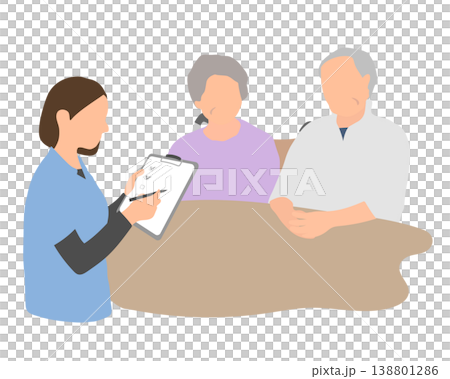 A scene showing an elderly couple and staff members reviewing a checklist during a care consultation. A scene showing an elderly couple and staff members reviewing a checklist during a care consultation. 138801286