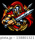 Dynamic illustration of a mighty Spartan warrior in silver armor and red helmet, holding a sword with shield emblem and fiery background. Perfect for strong and historical themes. 138801321