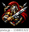 Dynamic illustration of a powerful Spartan warrior holding a sword, featuring a detailed helmet, shield, and red cape against a dark background. Ideal for gaming, sports, or historical themes. 138801322