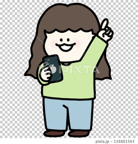 A young woman with brown hair swings her arm wide and taps her smartphone. She is wearing a green long-sleeved shirt and has a transparent background. A young woman with brown hair swings her arm wide and taps her smartphone. She is wearing a green long-sleeved shirt and has a transparent background. 138801563
