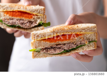 Healthy toasted whole wheat sandwich with tuna, Ebiko (Capelin roe), cheese, and fresh lettuce 138801660