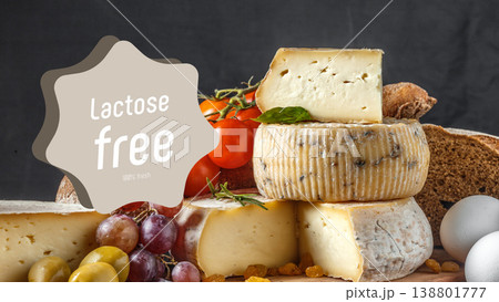 Selection of lactose free cheeses and fresh produce at a market Selection of lactose free cheeses and fresh produce at a market 138801777