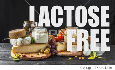 Cheeses with lactose and gluten free labels on wooden boards with vegetables and glass Cheeses with lactose and gluten free labels on wooden boards with vegetables and glass 138801816