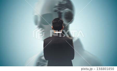 Person looks at AI robot in a modern office setting during daytime Person looks at AI robot in a modern office setting during daytime 138801850